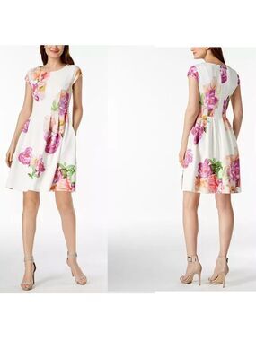 Calvin Klein Scuba Floral Flower Print Cap Sleeve Fit Flare Party Cocktail Dress